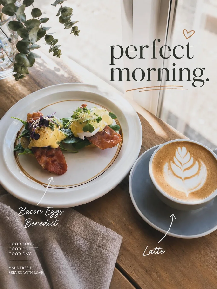 Loop Cafe Eggs Benedict and latte breakfast feature