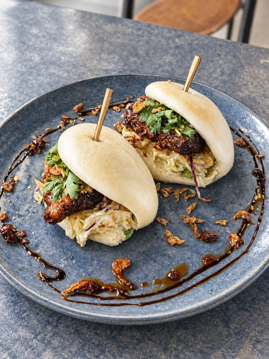 Bao buns with greens and sauce on a plate