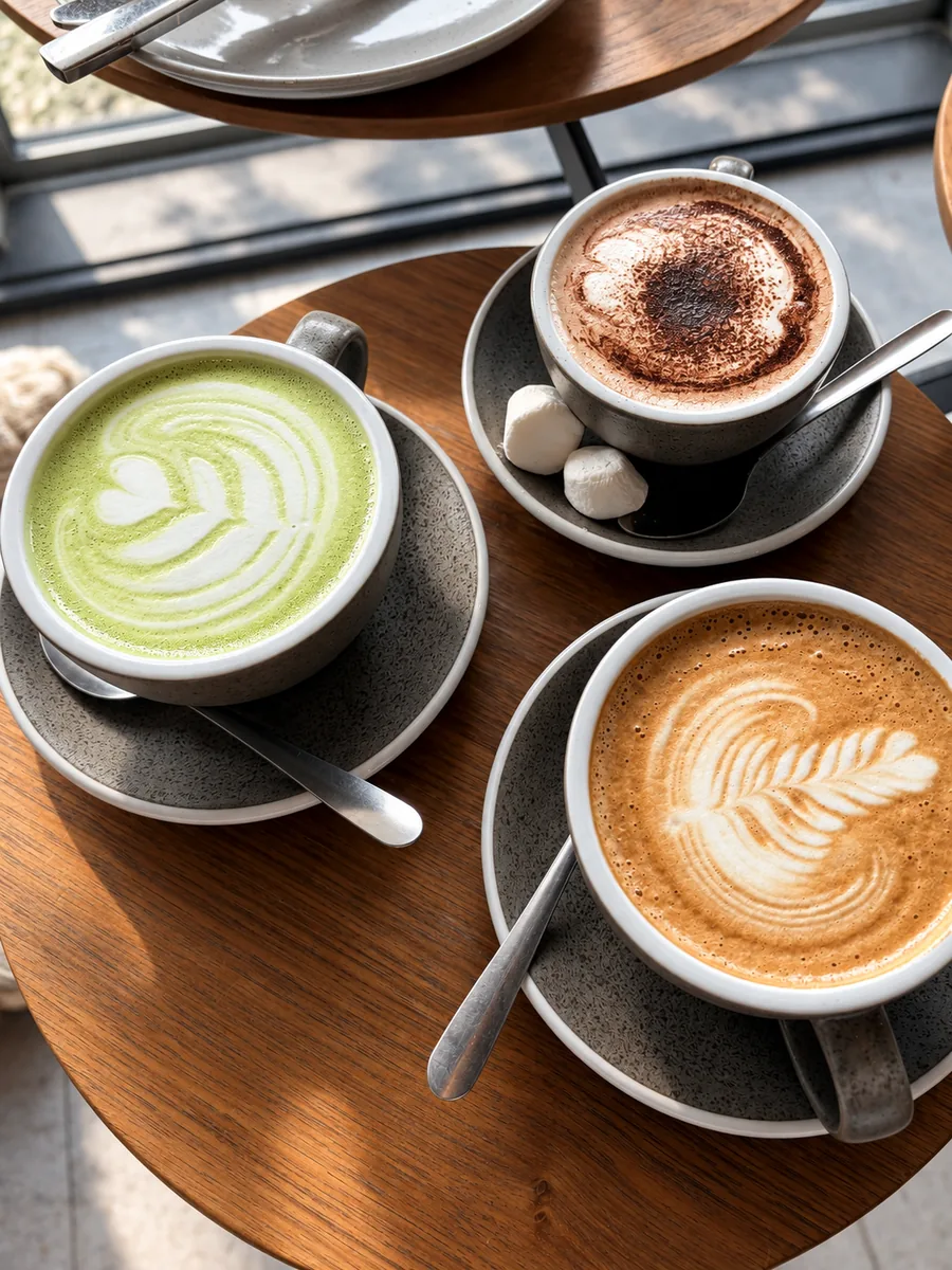 Matcha and coffee drinks with latte art