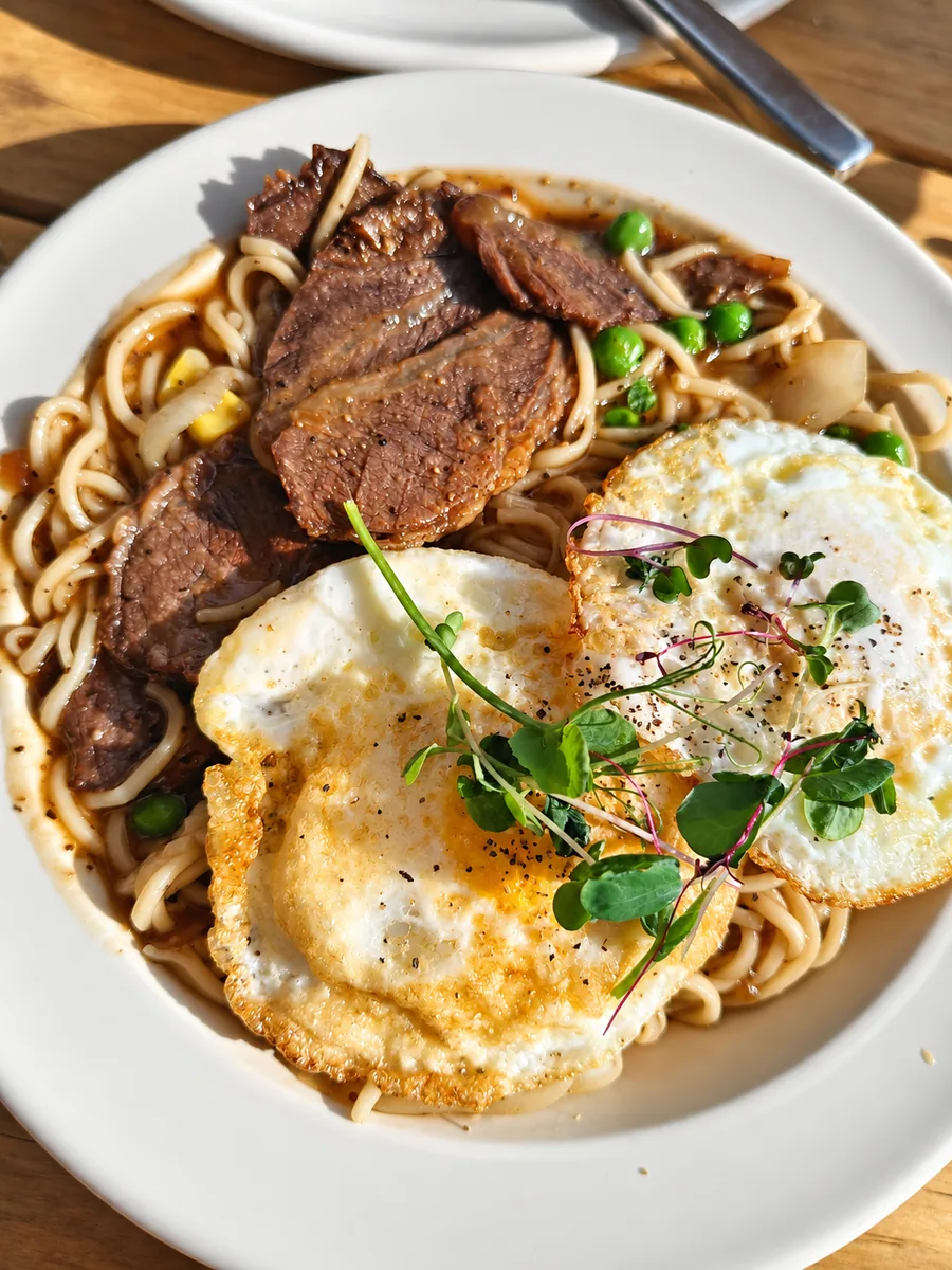 Beef noodles topped with fried eggs