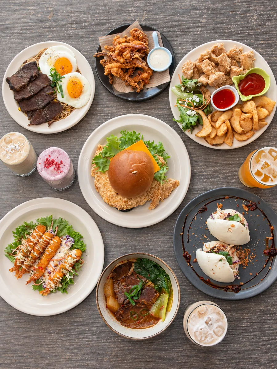 A spread of Loop Cafe dishes and drinks