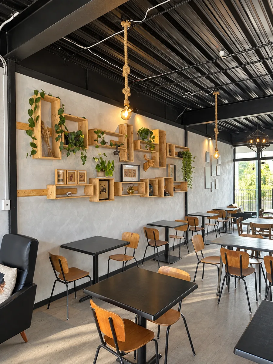 Loop Cafe interior with timber shelves and pendant lights