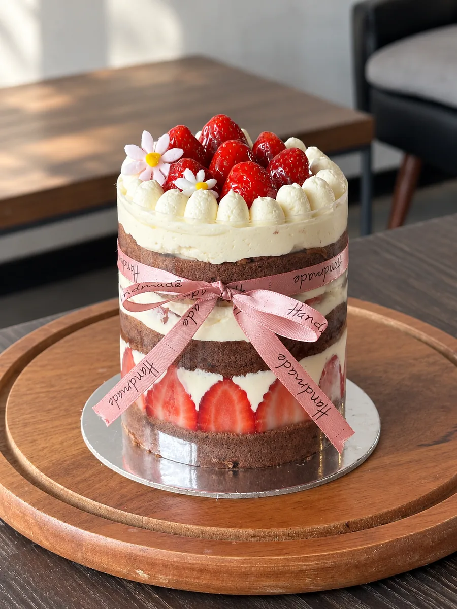 Strawberry cream cake on a wooden table