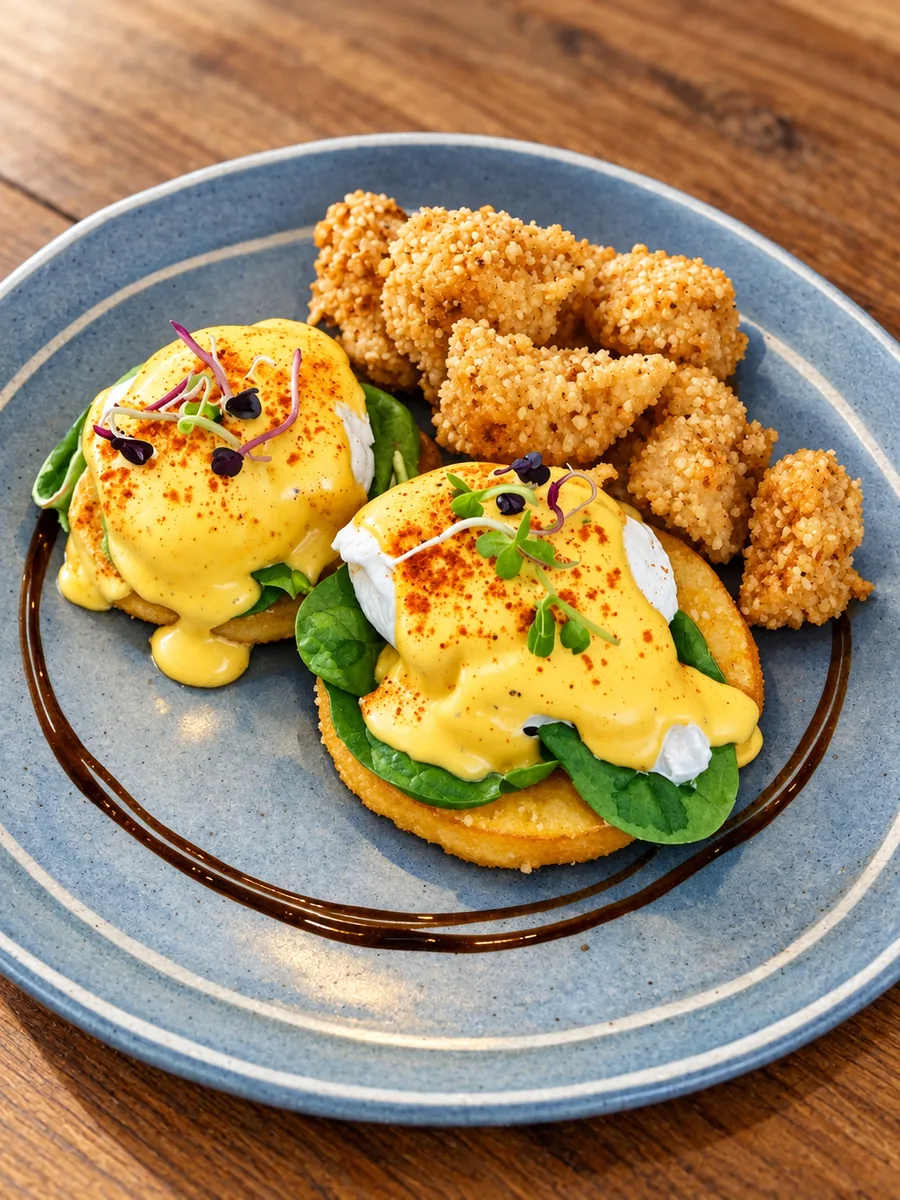 Eggs Benedict with crispy chicken