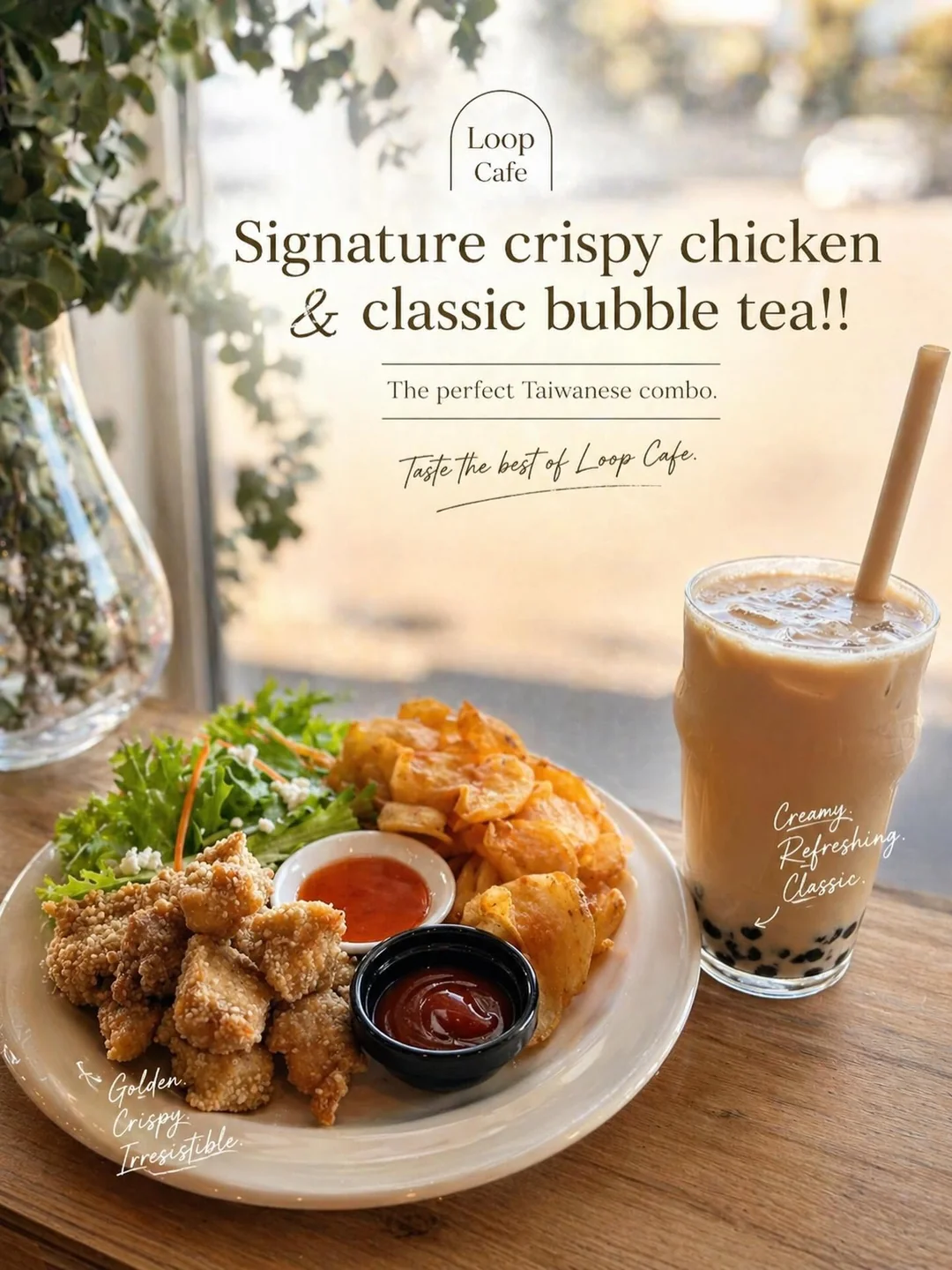 Loop Cafe signature crispy chicken and classic bubble tea